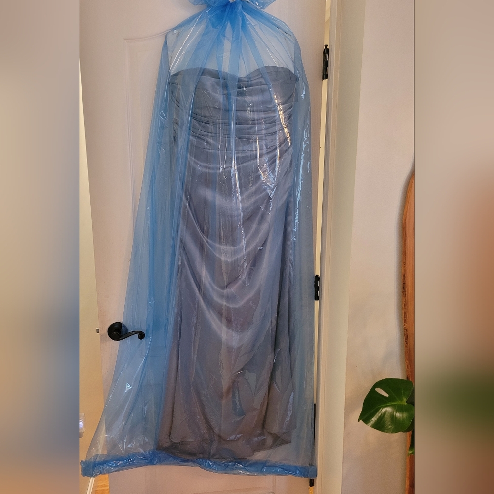 Elegant Strapless Satin Dusty Blue Dress.   My Height 5' 1 - Picture 4 of 4